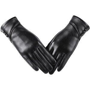 Women's Black Winter Leather Suede Gloves Wool Lined Windproof Touchscreen